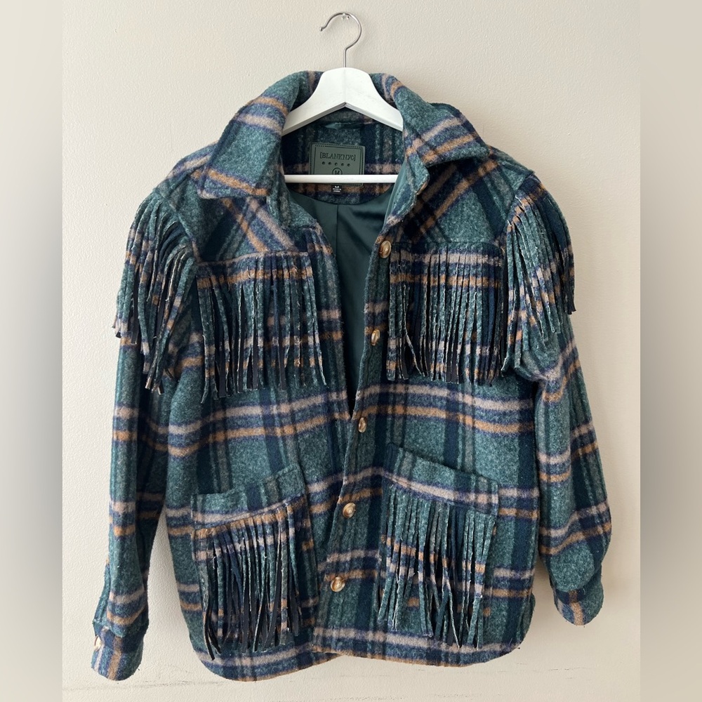 Blank NYC Teal and Blue Plaid Jacket with Fringe